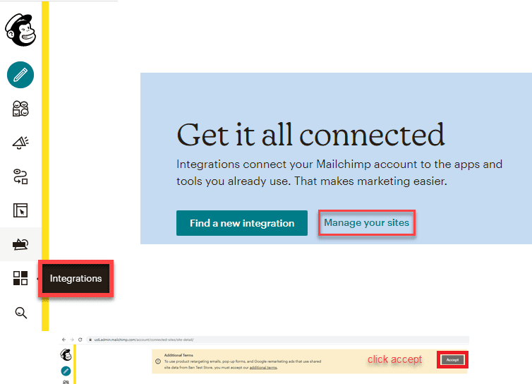 Integration tab with Manage your sites button highlighted.