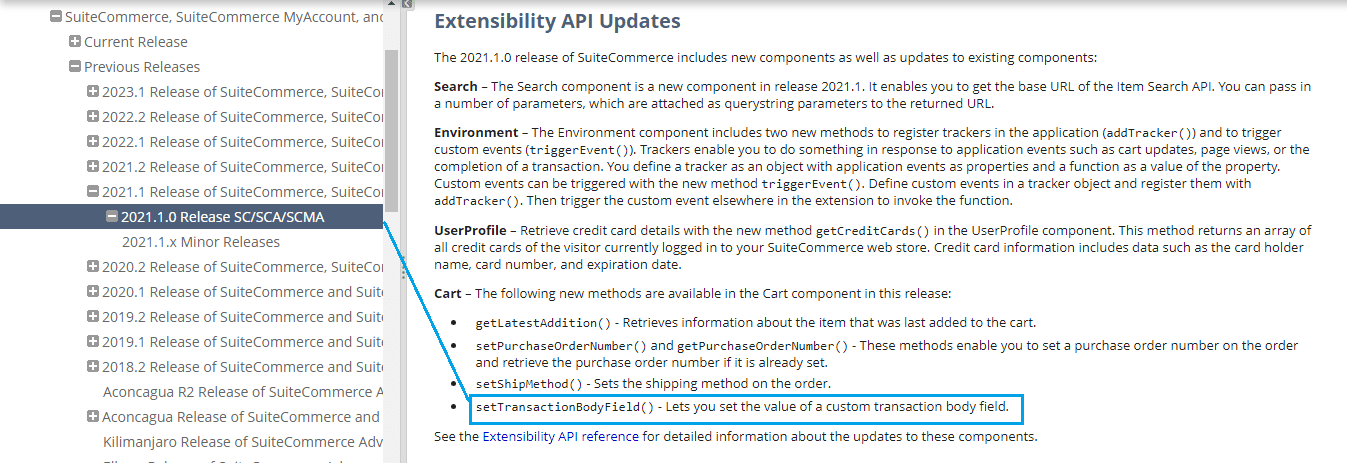 Snapshot of NetSuite's Release Notes of SuiteCommerce v2021.1.0.