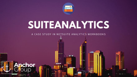 A cityscape with the words SuiteAnalytics: A Case Study in NetSuite Analytics Workbooks.