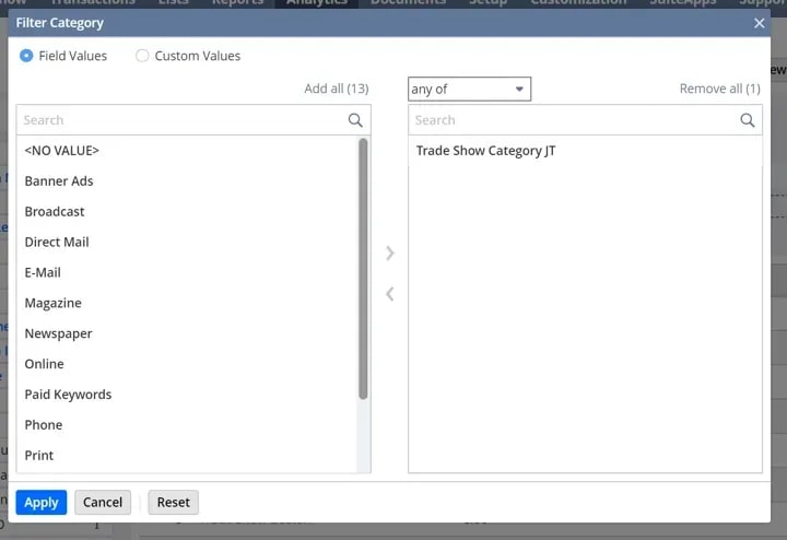 Filter Category page showing the dropdown menu of the search bar.