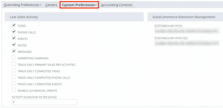 Custom Preferences highlighted in red, with some checkboxes marked.