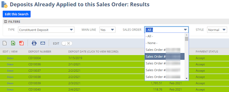 Deposits Already Applied to this Sales Order: Results page.