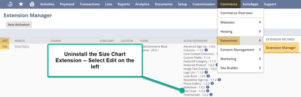 Uninstall Size Chart on the Extension Manager page.