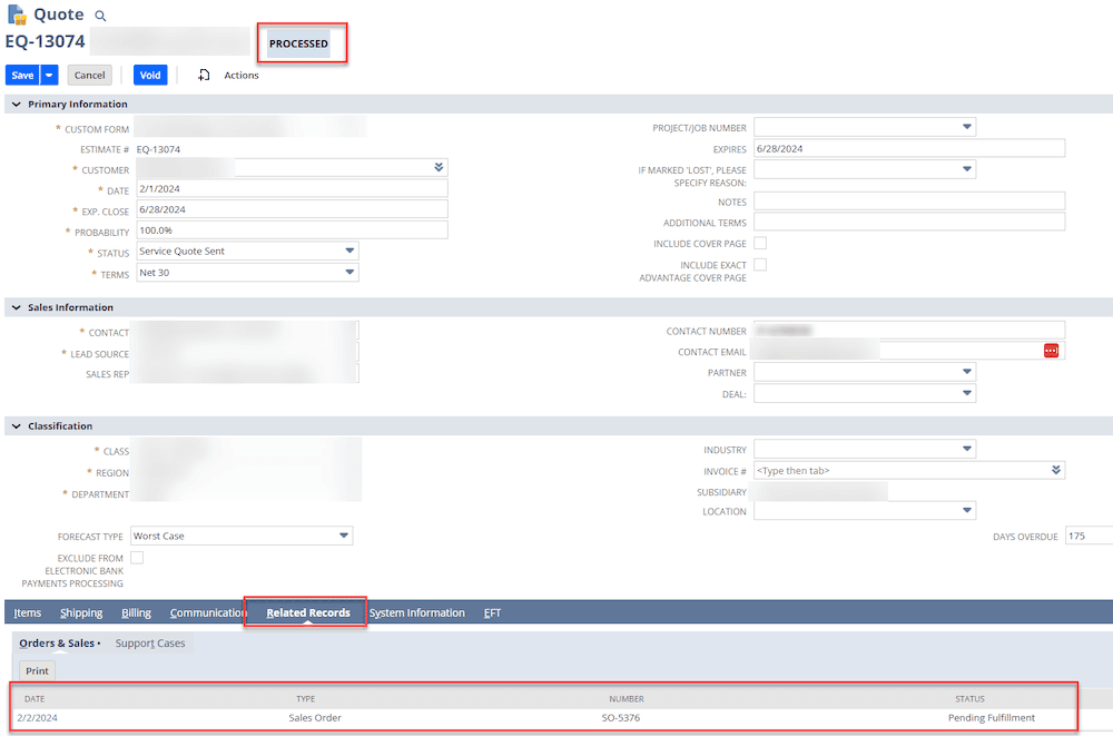 NetSuite Quote page with the Processed and Related Records highlighted.