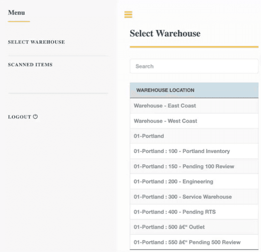 Inventory Scanning Select Warehouse