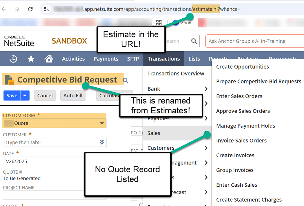 NetSuite Transactions Estimate in URL Custom Form No Quote Record Listed