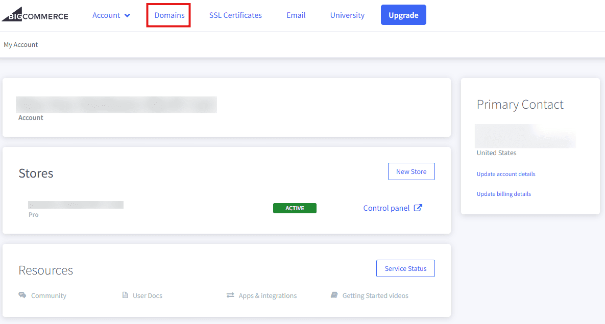 BigCommerce My Account Domains Stores New Store