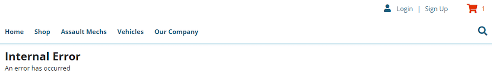 Internal Error popup message.