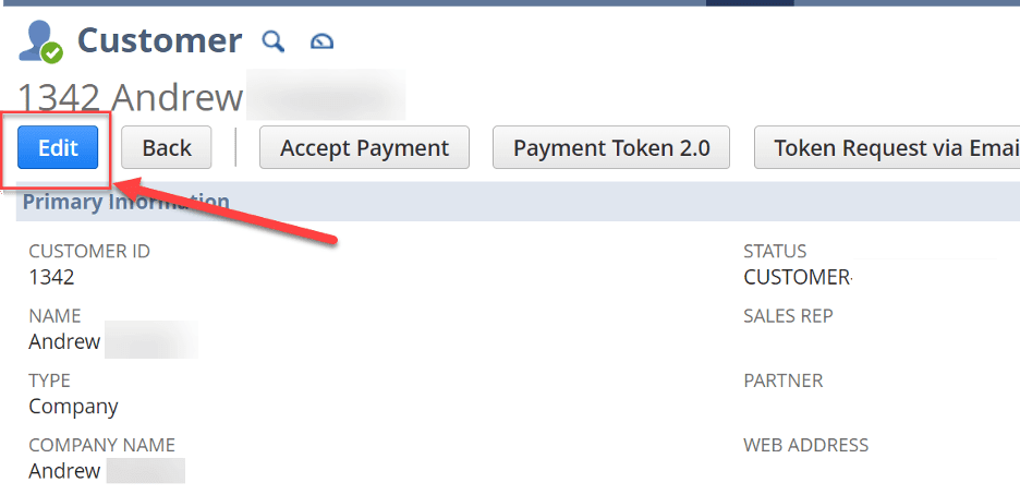 Customer page with the Edit button highlighted.