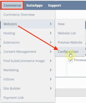 NetSuite navigation on commerce page to websites and configuration tabs.