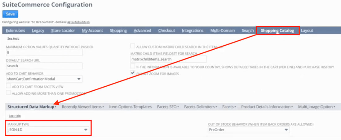 SuiteCommerce configuration shopping catalog with highlighted values.