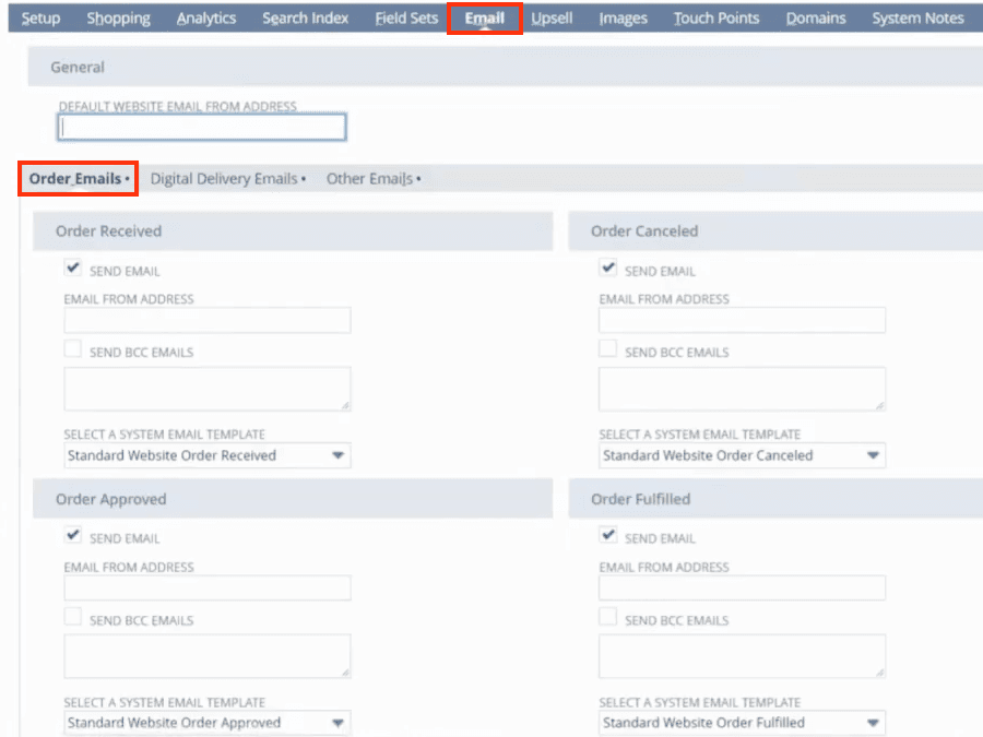 Website Setup page for recording email orders.