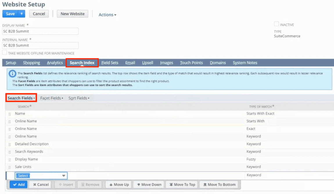 Website Setup page with the Search index tab open and Search fields button highlighted.