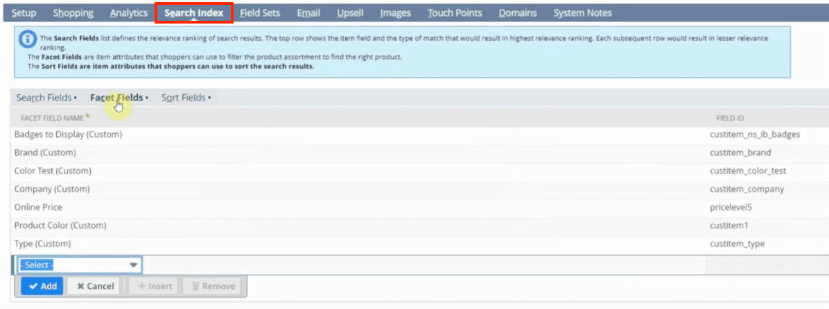 Website setup record search index facet fields.