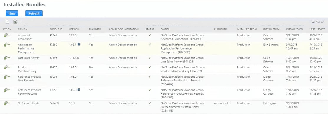 A list of installed bundles in a NetSuite page.