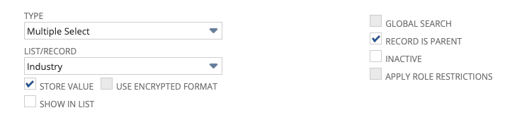 Configuration page with Multiple Select under the type value.