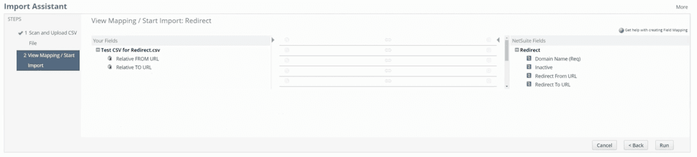 SuiteCommerce redirects import assistant field and mapping.