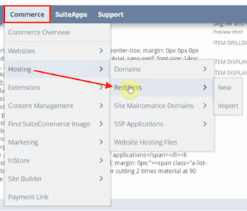 NetSuite navigation on Commerce page to Hosting and Redirects page.