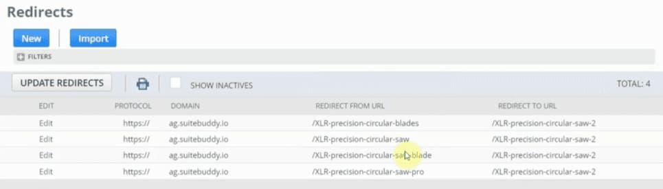 Redirects page with SuiteCommerce redirects listed below.