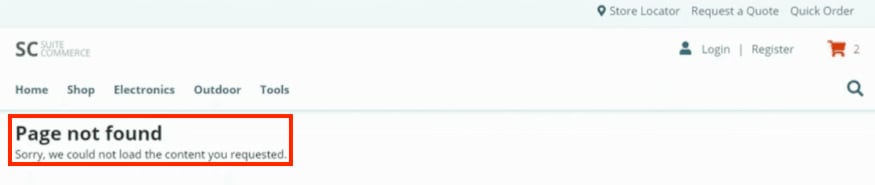 SuiteCommerce page with Not Found error shown.