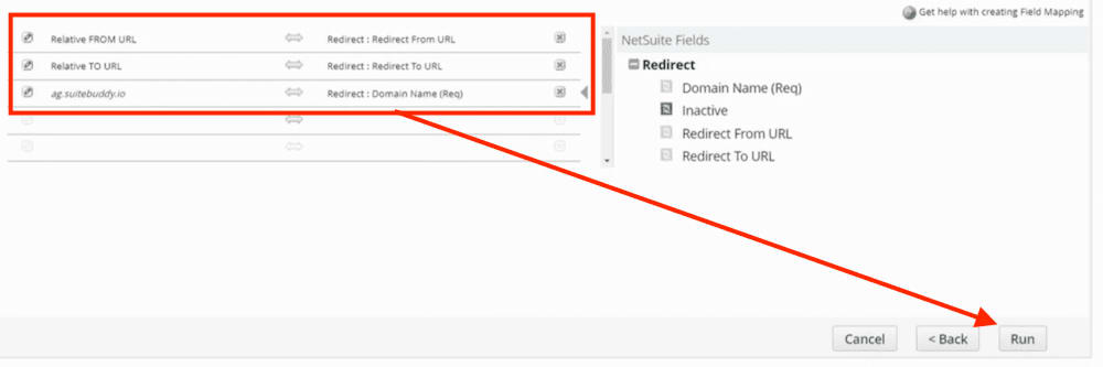 SuiteCommerce redirect import field mapping page.