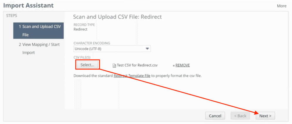 SuiteCommerce redirects import assistant steps to upload files.