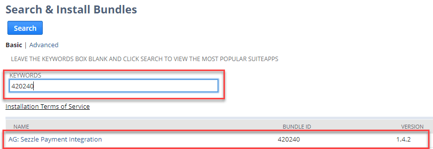 Search and Install Bundles page with the Keywords field highlighted.