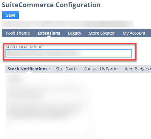 SuiteCommerce Configuration page with the Sezzle Merchant ID field highlighted.