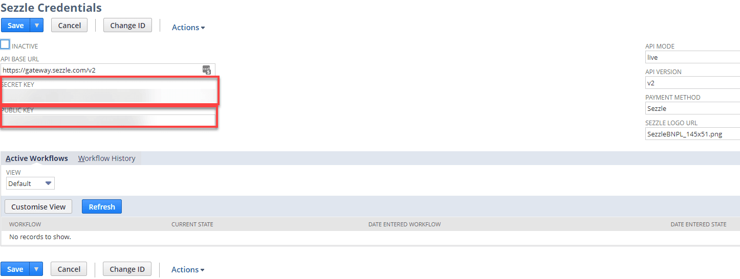 Sezzle Credentials page with API keys location.
