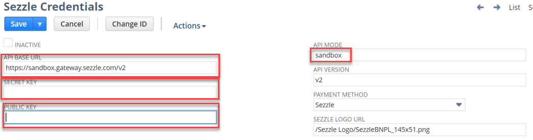 Sezzle Credentials page with multiple fields open.