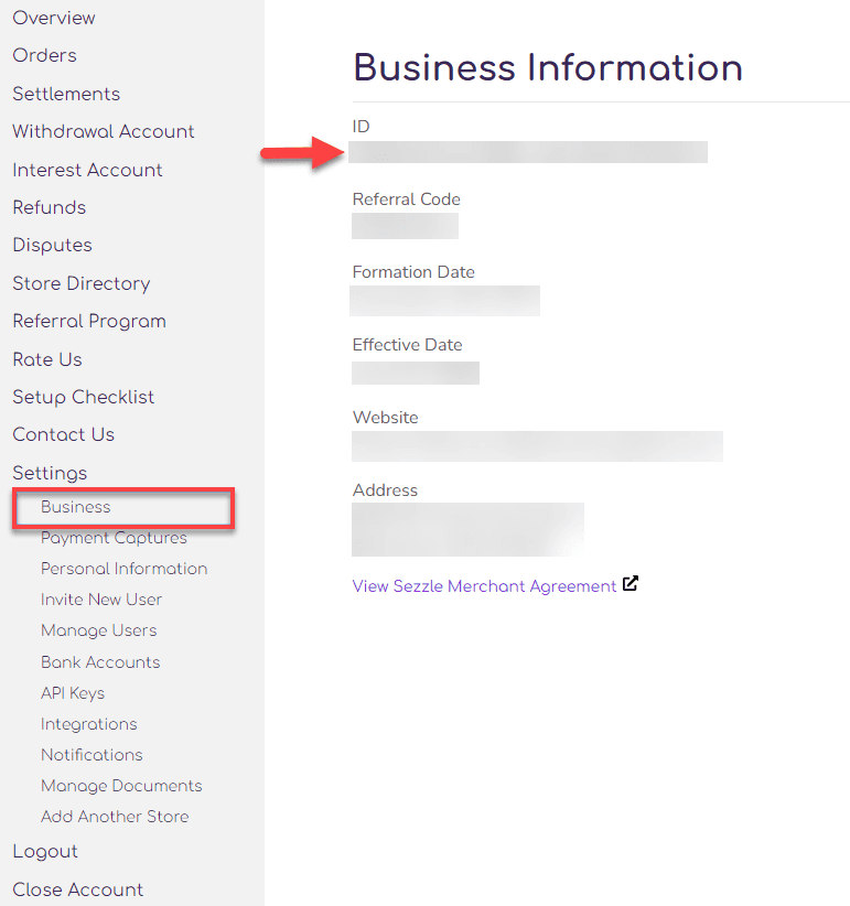 Business tab and Information form showed, with Merchant ID highlighted.