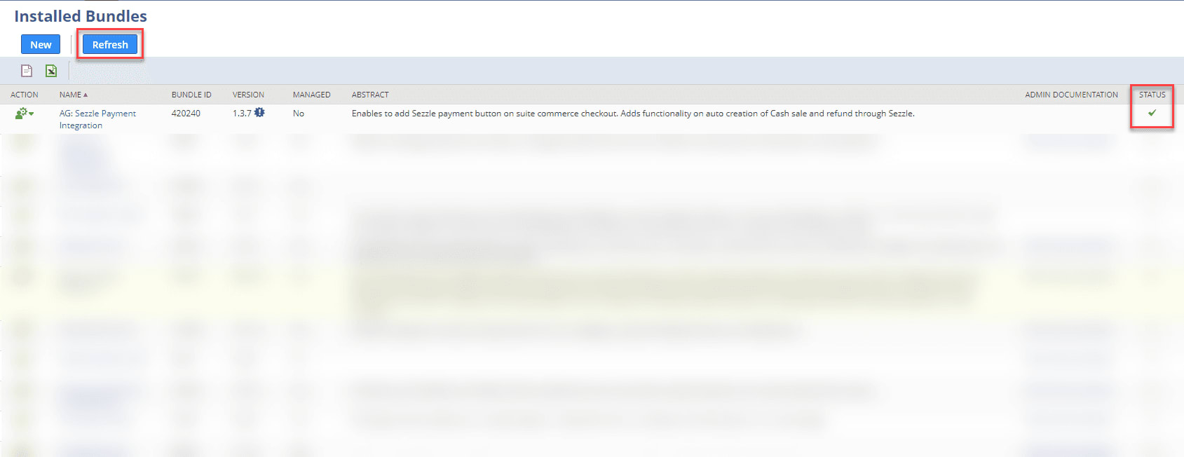 Sezzle Bundles page with the Status highlighted.