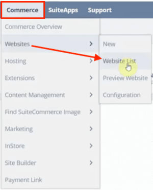 Commerce tab highlighted with steps to click on Websites and then Website List.
