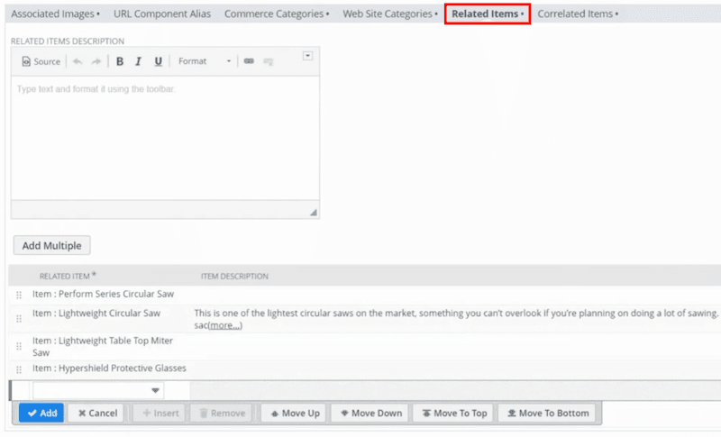 NetSuite inventory page with Related Items tab highlighted.