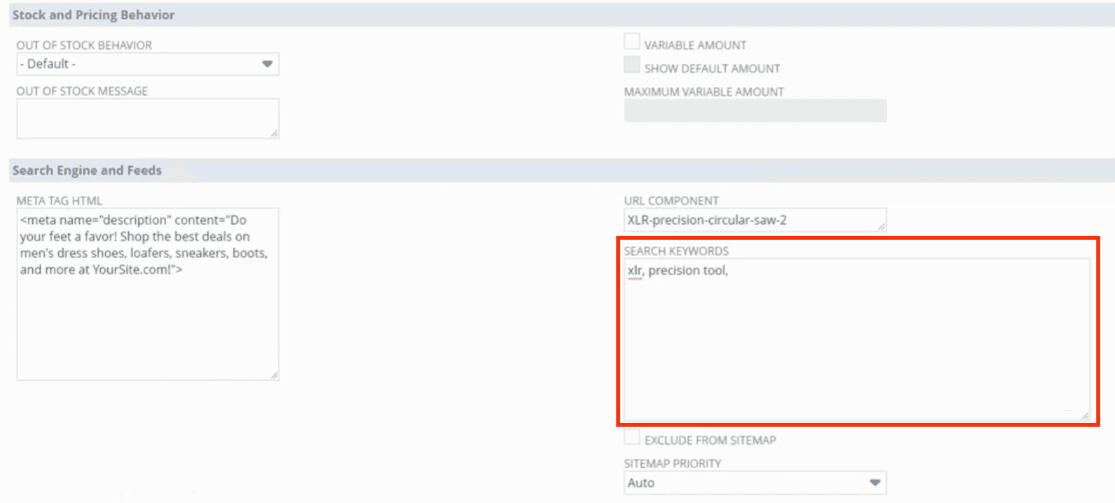 Example of completed search engine keywords field.