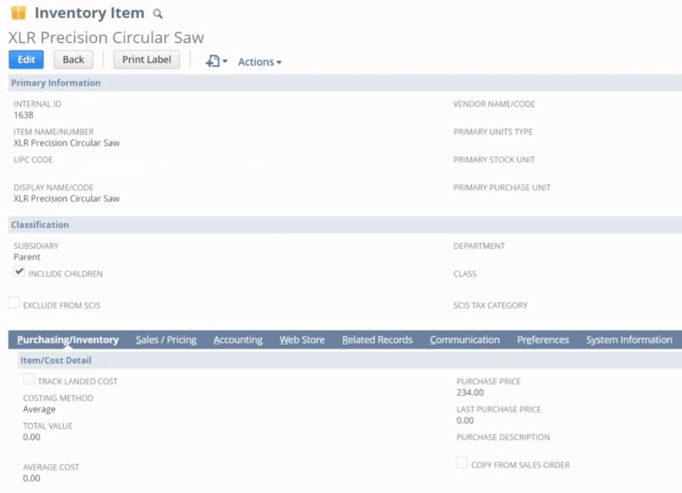 Inventory Item page with purchasing inventory tab.