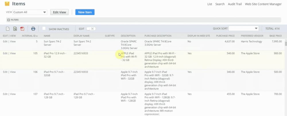 NetSuite Items page with a dropdown list.