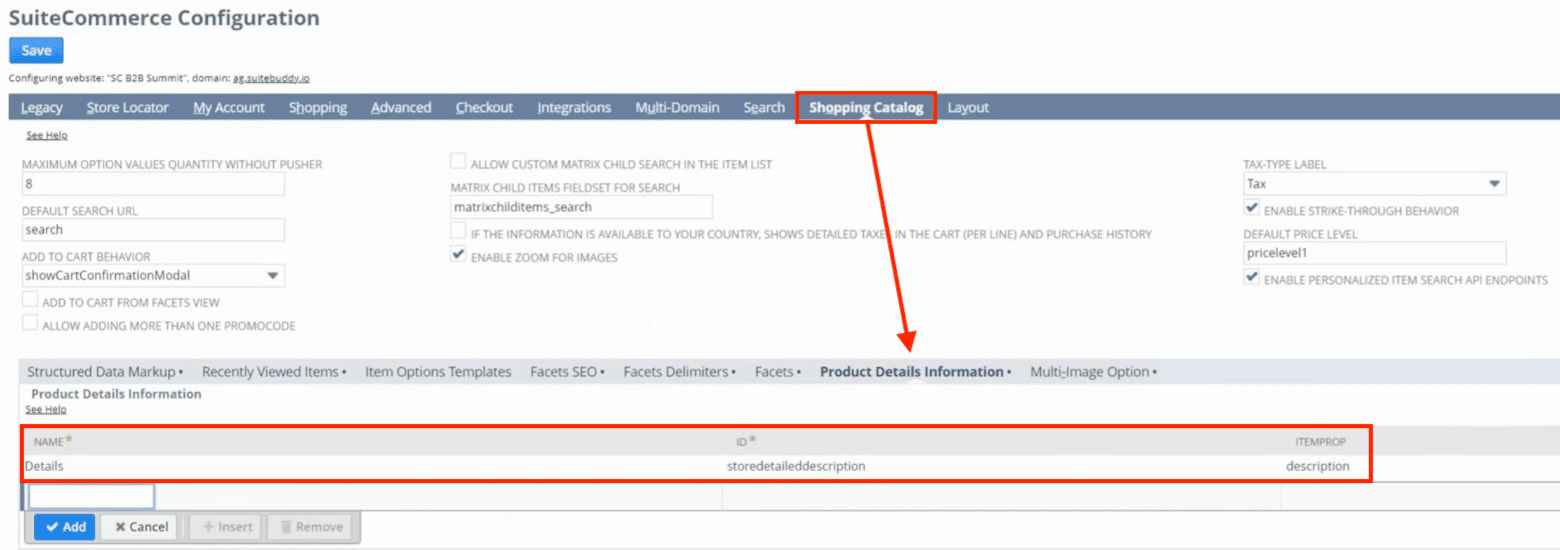 SuiteCommerce page with configurations for the shopping catalog of products.