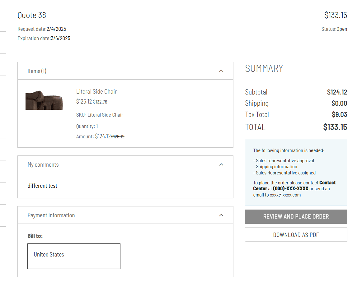 SuiteCommerce quote with the message that it needs a sales representative to approve shipping.