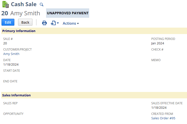 Cash Sale page on NetSuite with example information about Amy Smith.