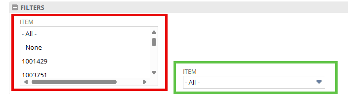 NetSuite filters item fields, one highlighted in red and the other in green.