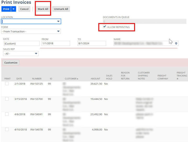 NetSuite Print Invoices