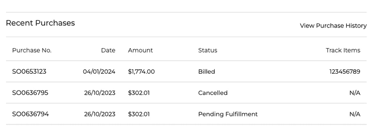 Recent Purchases page with three lines of information.