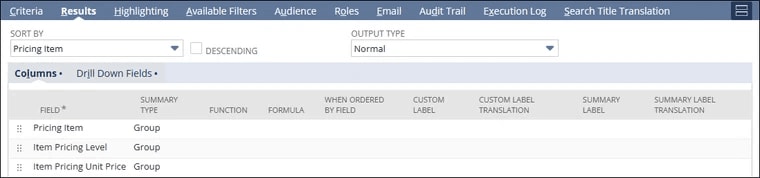 NetSuite results columns page.