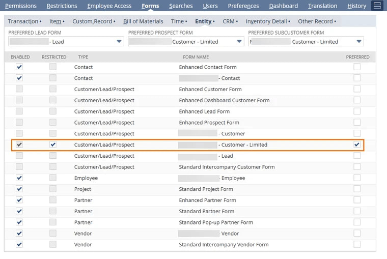 Restrict forms with roles and entities listed.