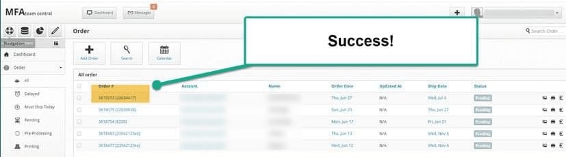 MFA Team Central Order Number Success