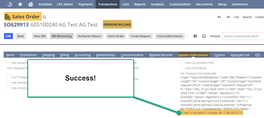 NetSuite Transactions Sales Order Pending Billing System Information