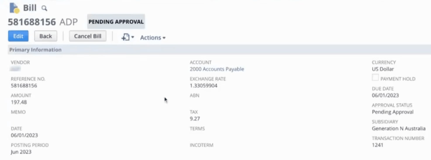 NetSuite OCR vendor bill record.