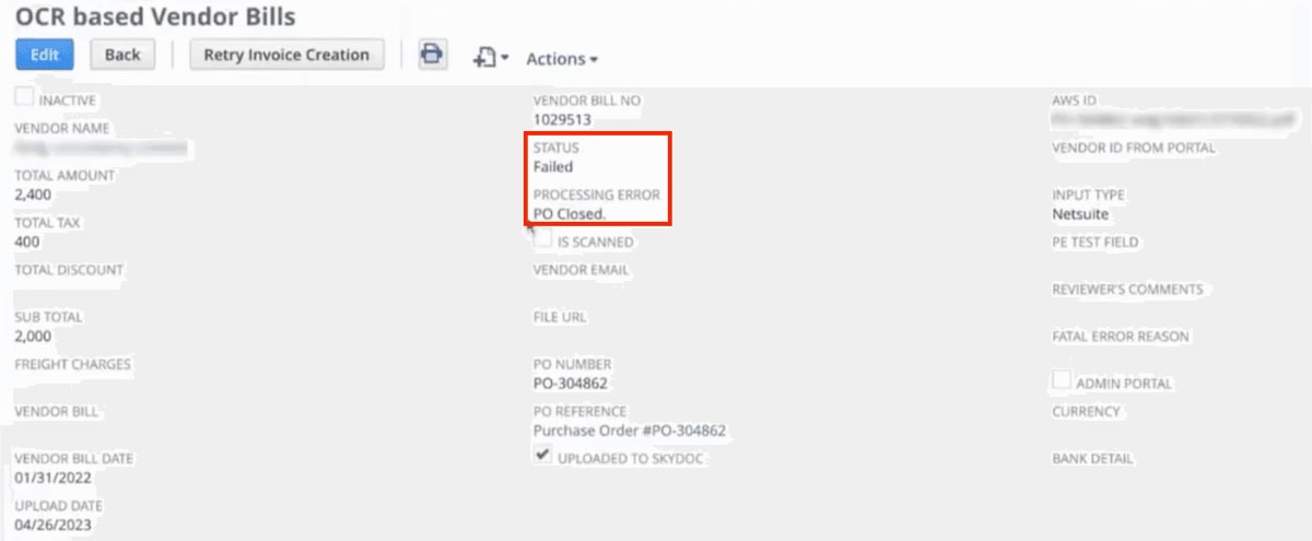 NetSuite OCR based vendor bills page with the Failed message highlighted.
