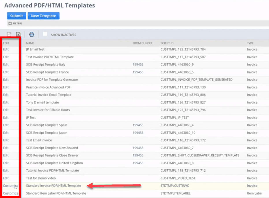 Edit customize column highlighted on the Advanced Templates page.